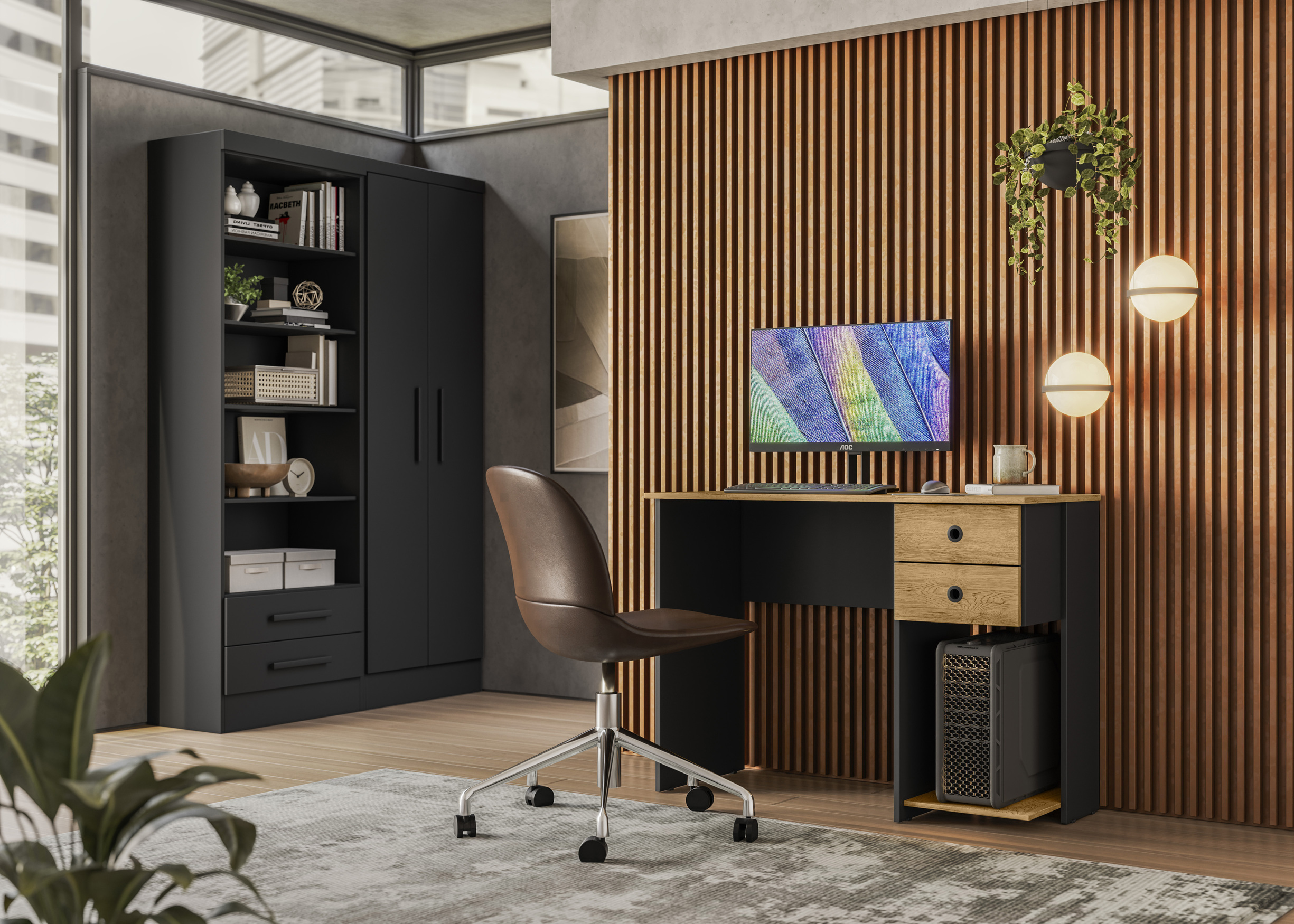 Qmovi - Mesa Escrivaninha - Preto e Carvalho - Composição de Módulos - Ambiente