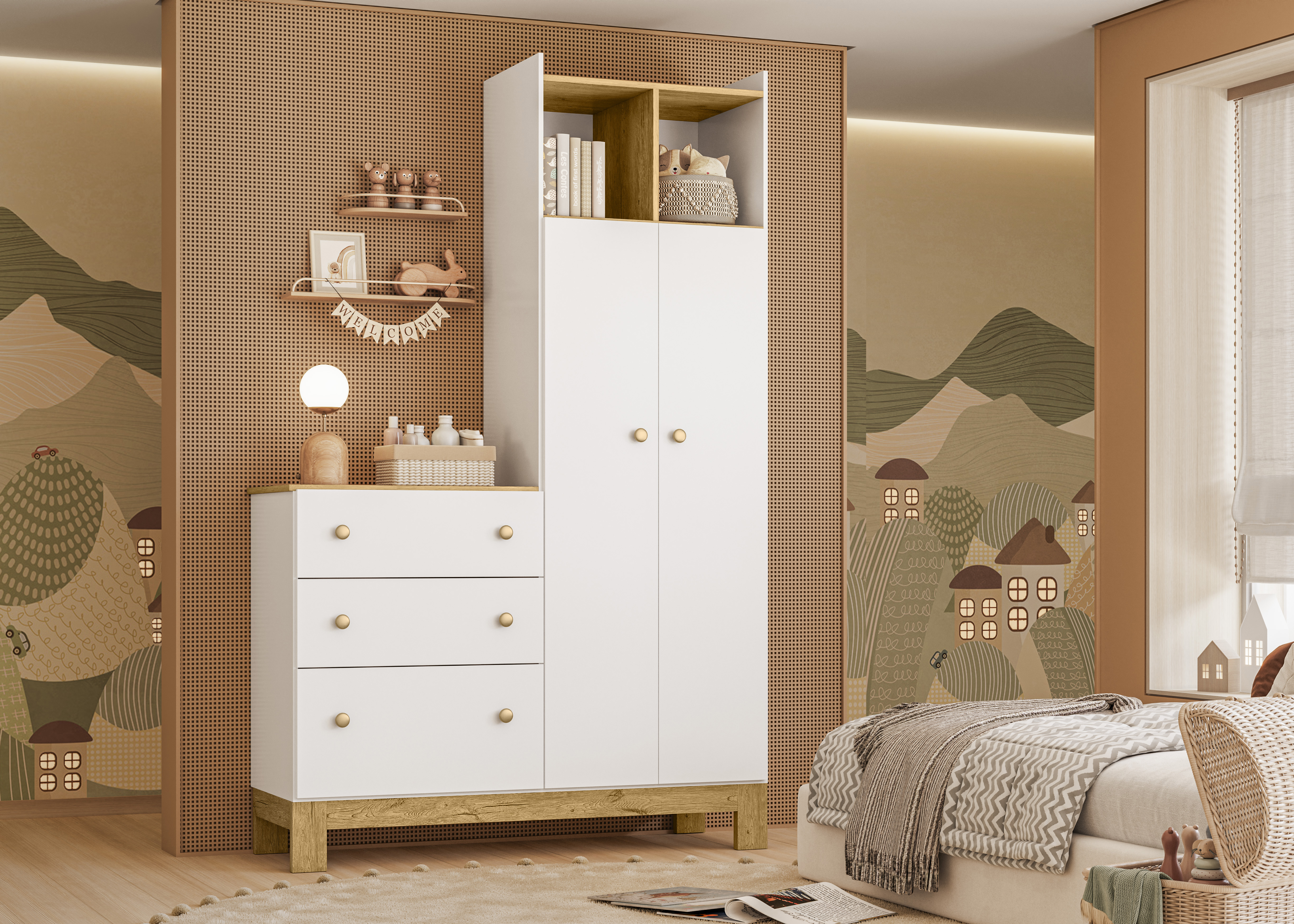 Guarda Roupa com Cômoda - Branco Acetinado e Freijó - Ambiente