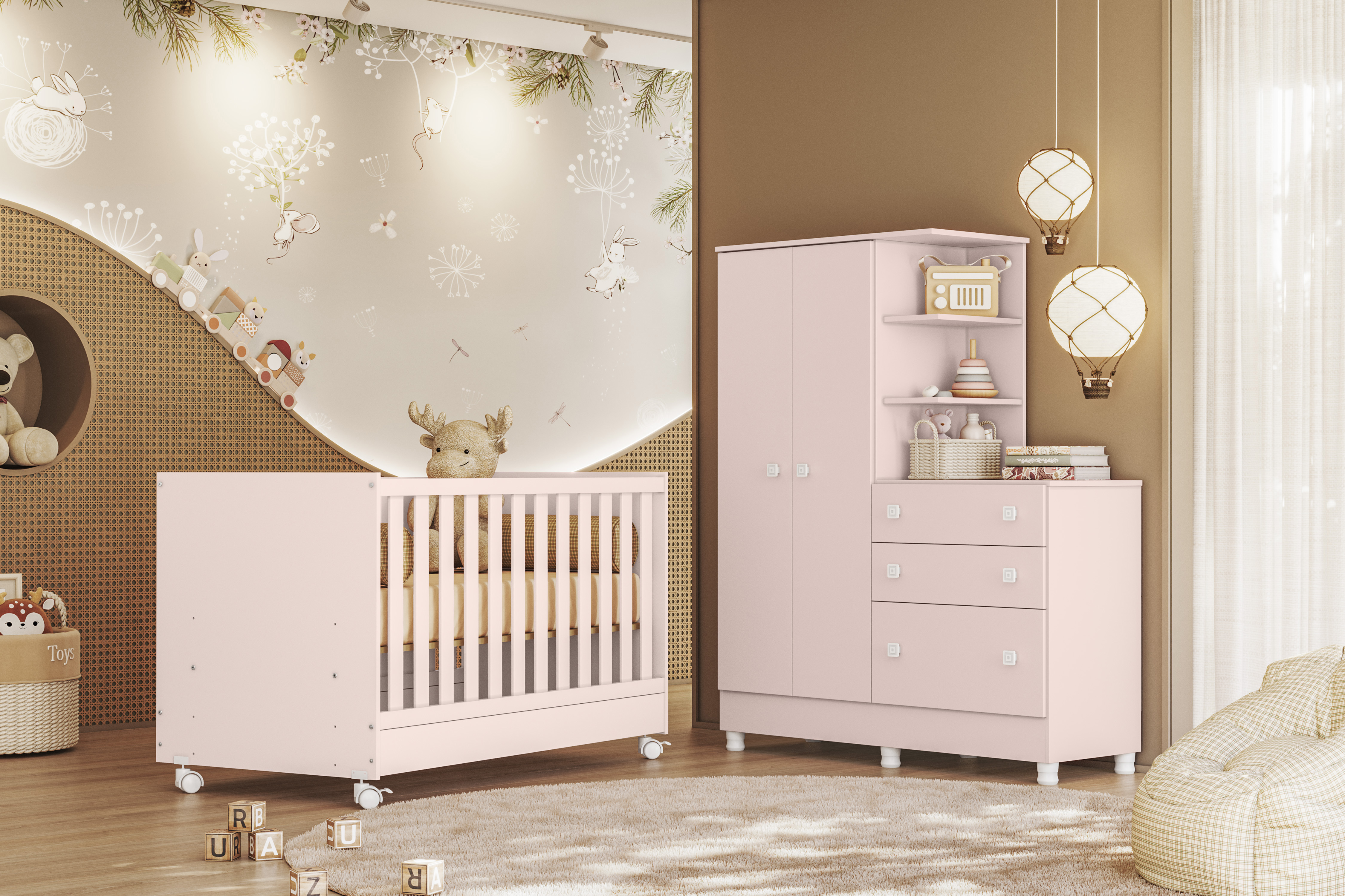 Berço Mini Cama - Rosa - Composição de Módulos - Qmovi - Ambiente