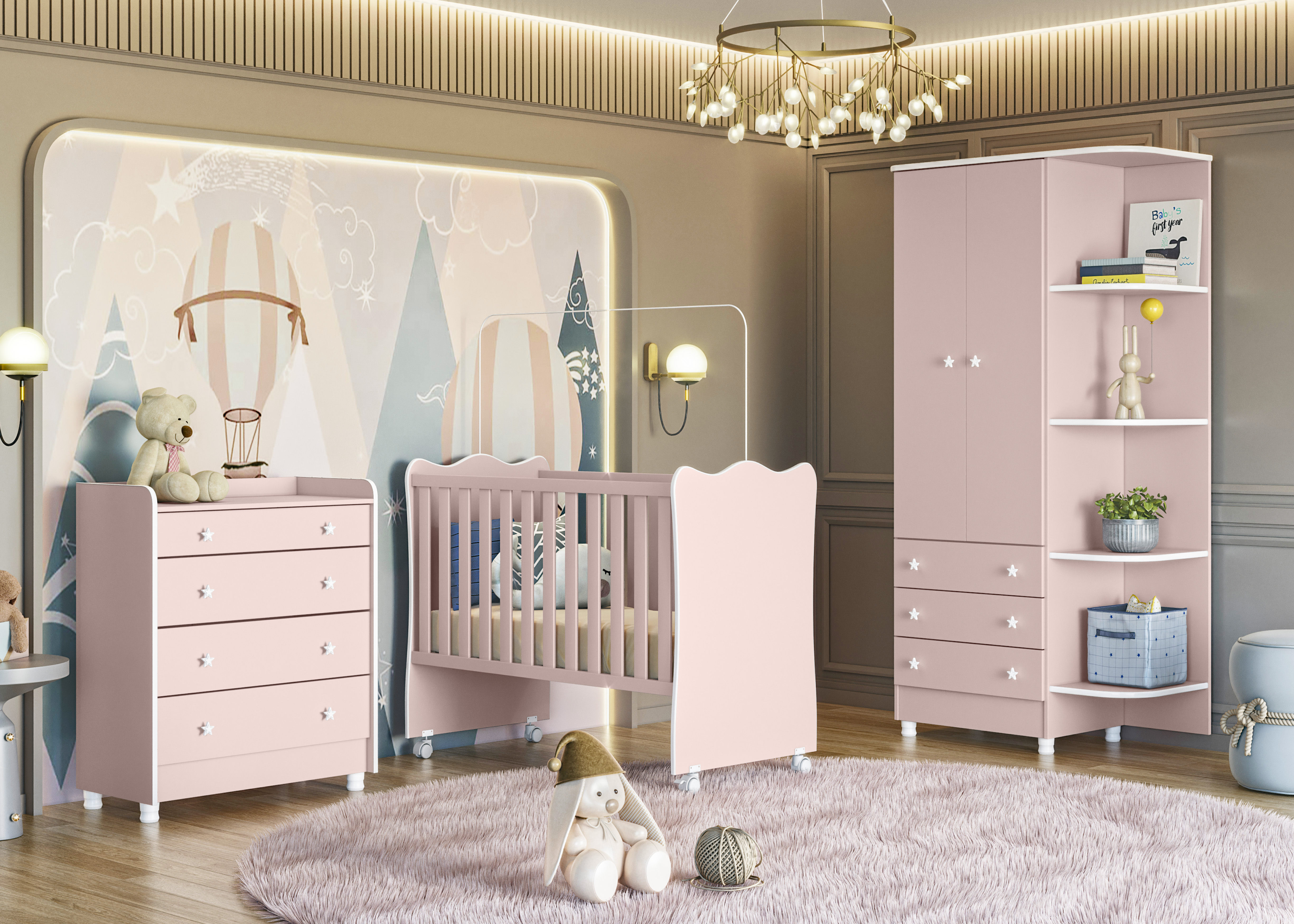 Qmovi - GR 825 + Berço 1 + Comoda 2523 - Rosa - Com Pes - Ambiente