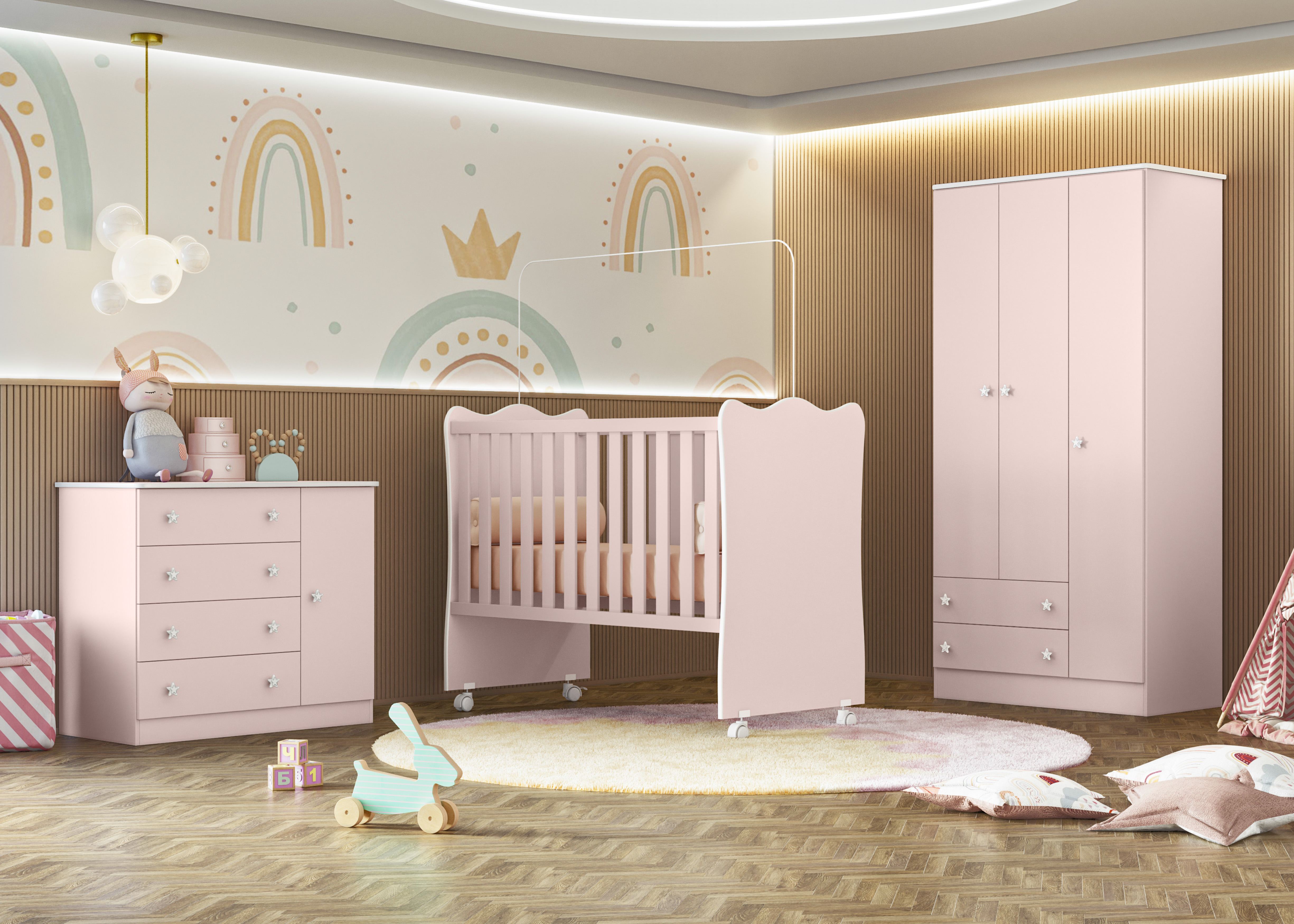 Qmovi - Cômoda Sapateira - Rosa - Composição de Módulos - Linha Doce Sonho - Ambiente