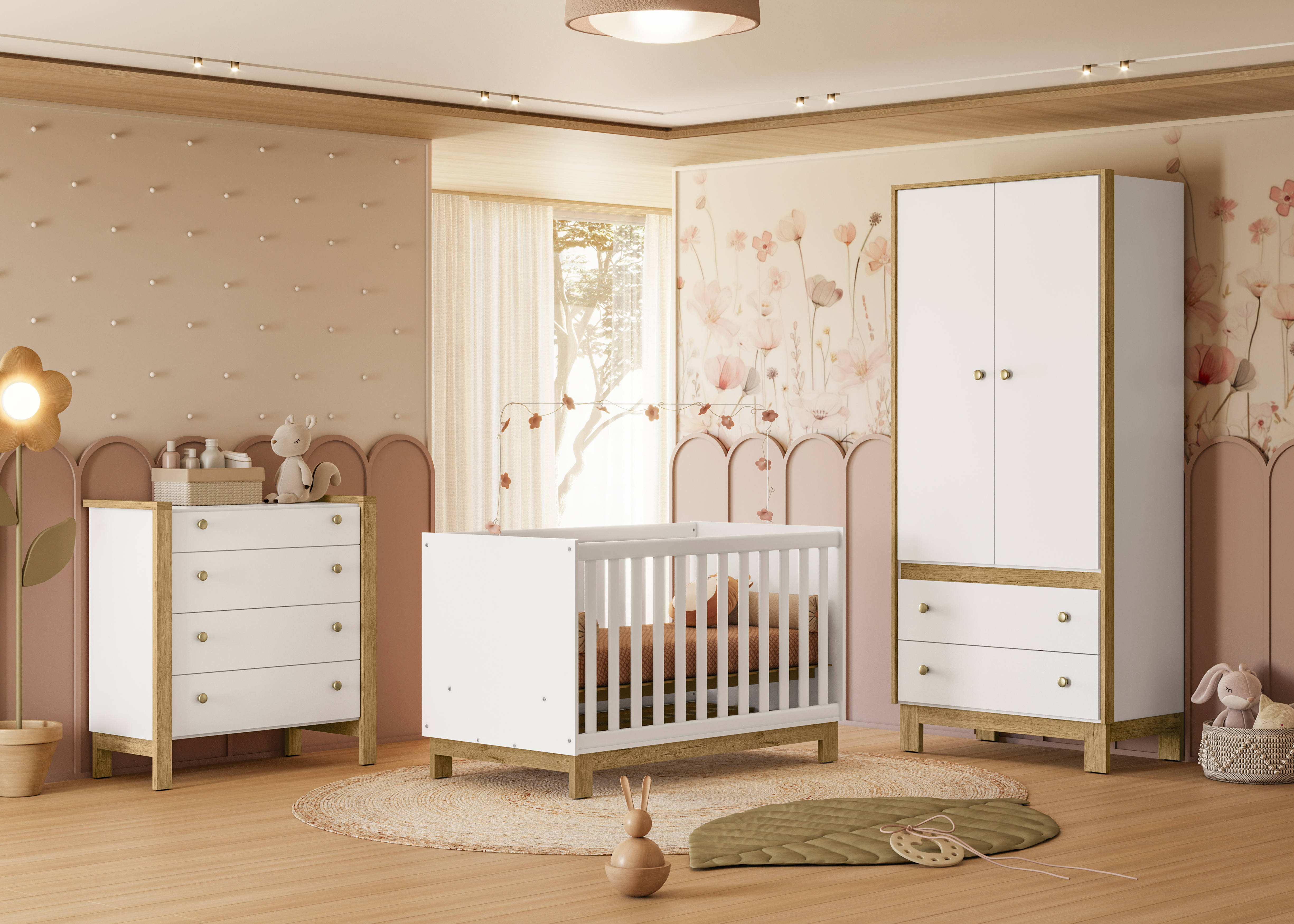 Qmovi - Guarda Roupa 2 Portas 2 Gavetas - Linha Flora - Branco Acetinado - Composição de Módulos - Ambiente