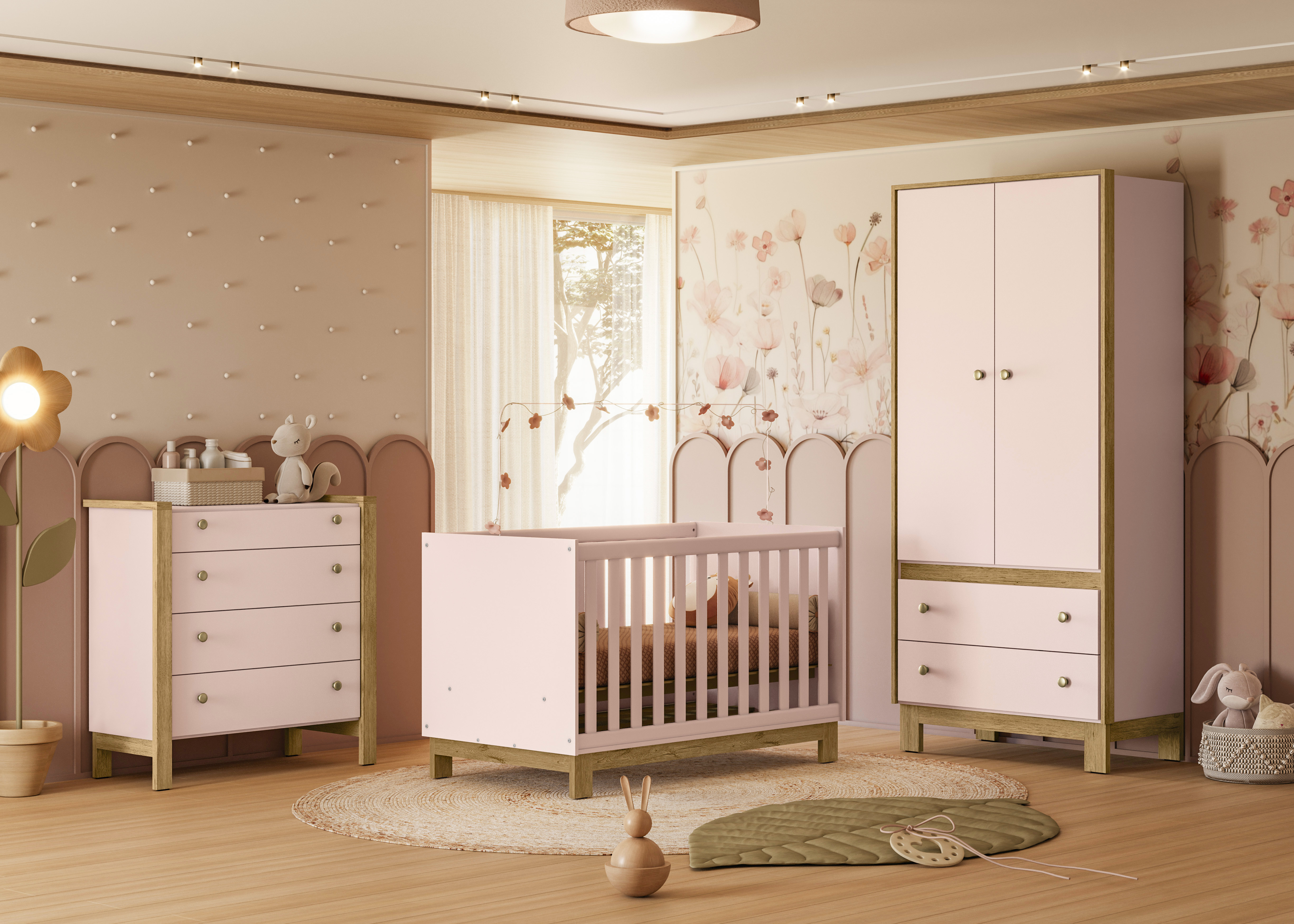 Qmovi - Guarda Roupa 2 Portas 2 Gavetas - Linha Flora - Rosa - Composição de Módulos - Ambiente