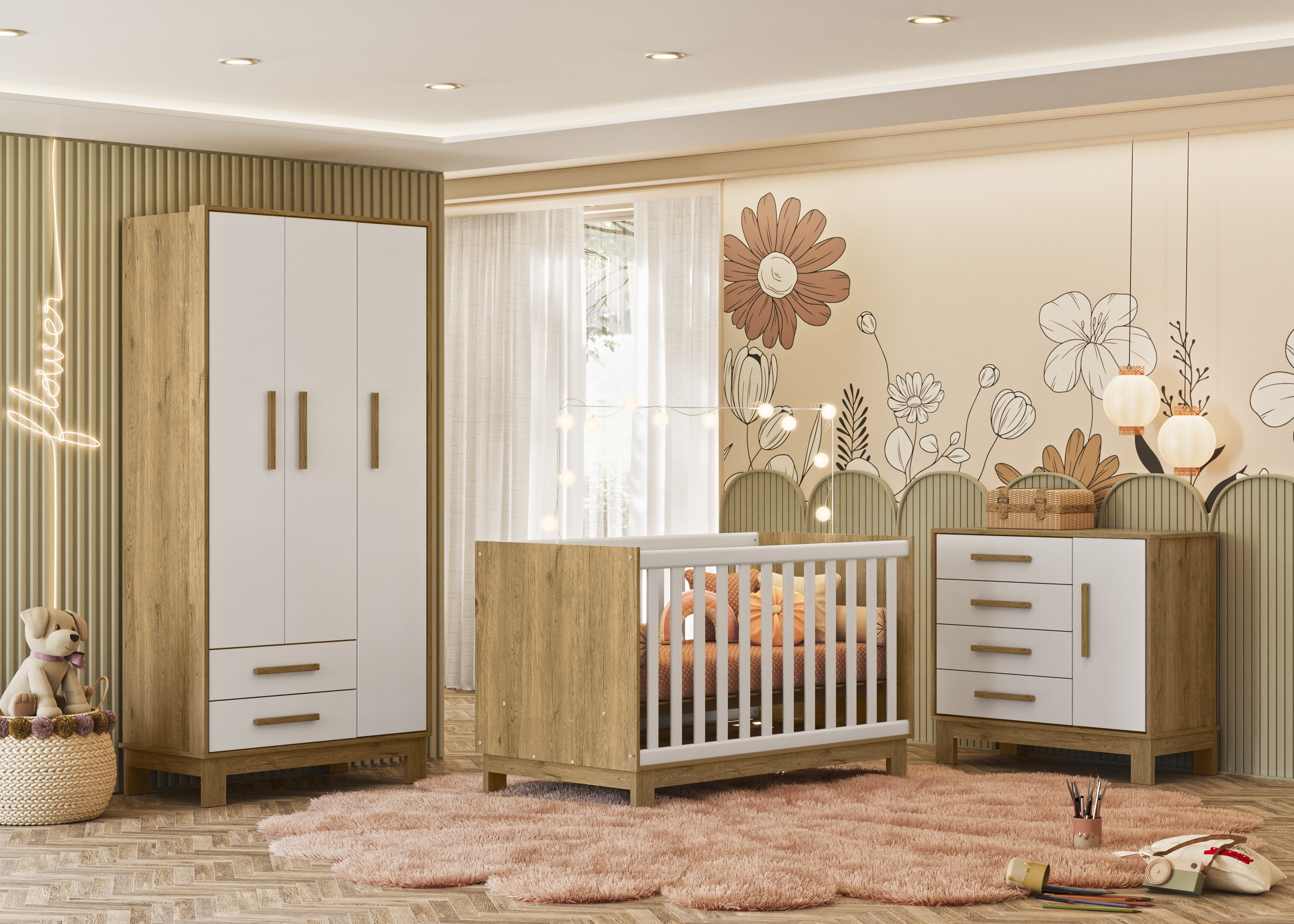 Qmovi - Berço Mini Cama Slim - Freijó e Branco - Composição de Módulos - Ambiente