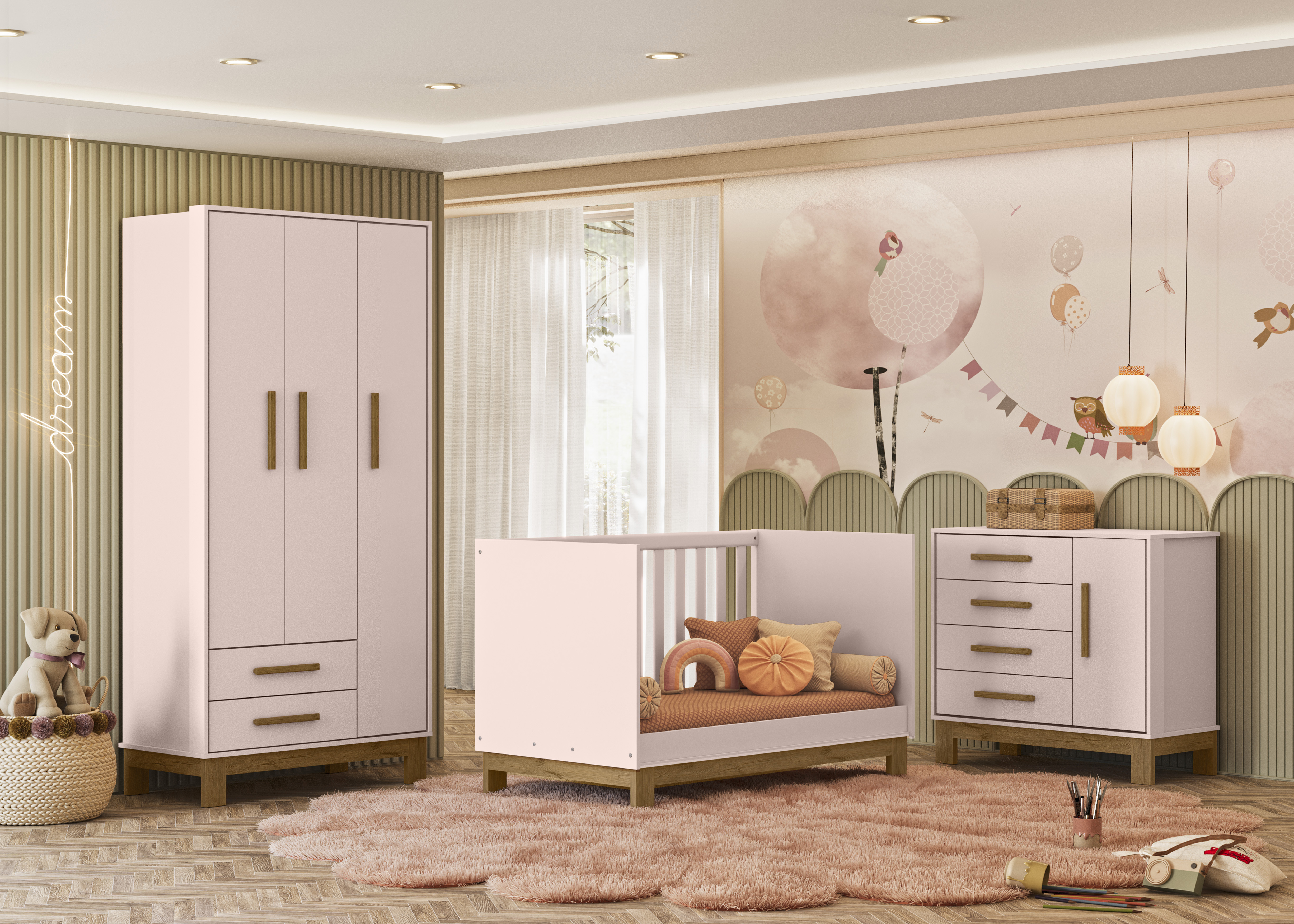 Qmovi - Berço Mini Cama Slim - Rosa - Composição de Módulos - Ambiente