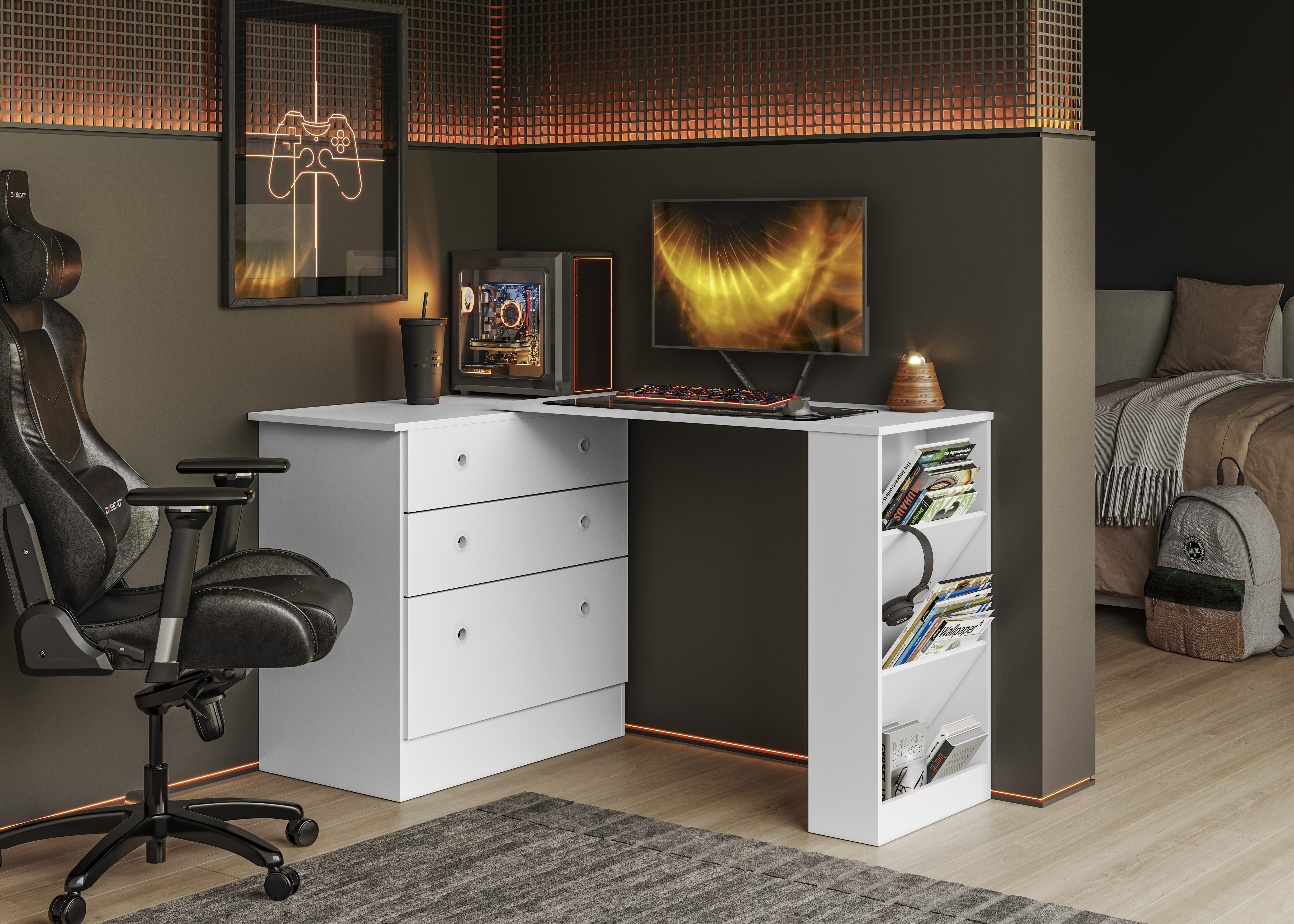 Cômoda com Mesa Giratória Gamer - Branco Acetinado - Ambiente