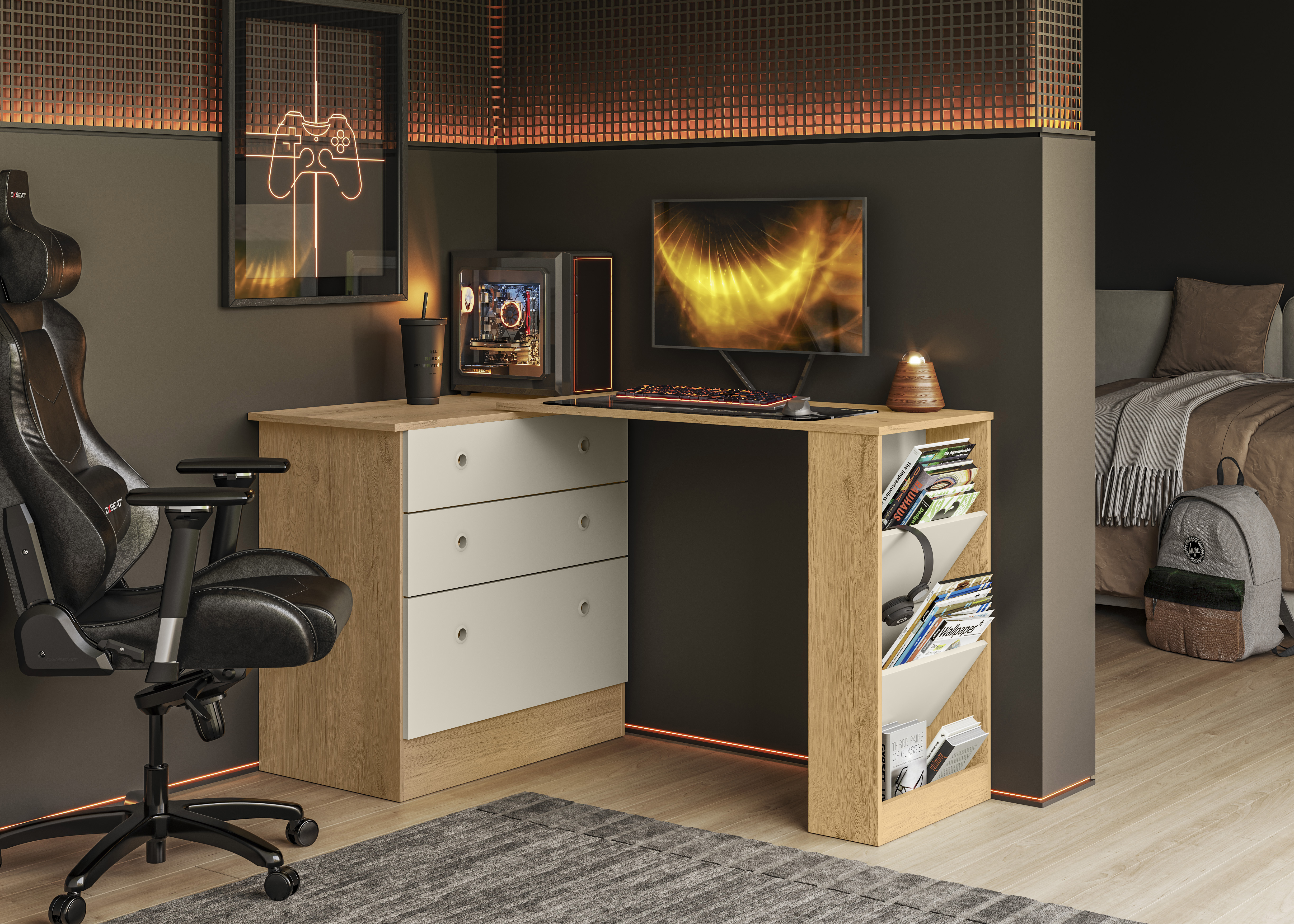 Cômoda com Mesa Giratória Gamer - Freijó e Off White - Ambiente