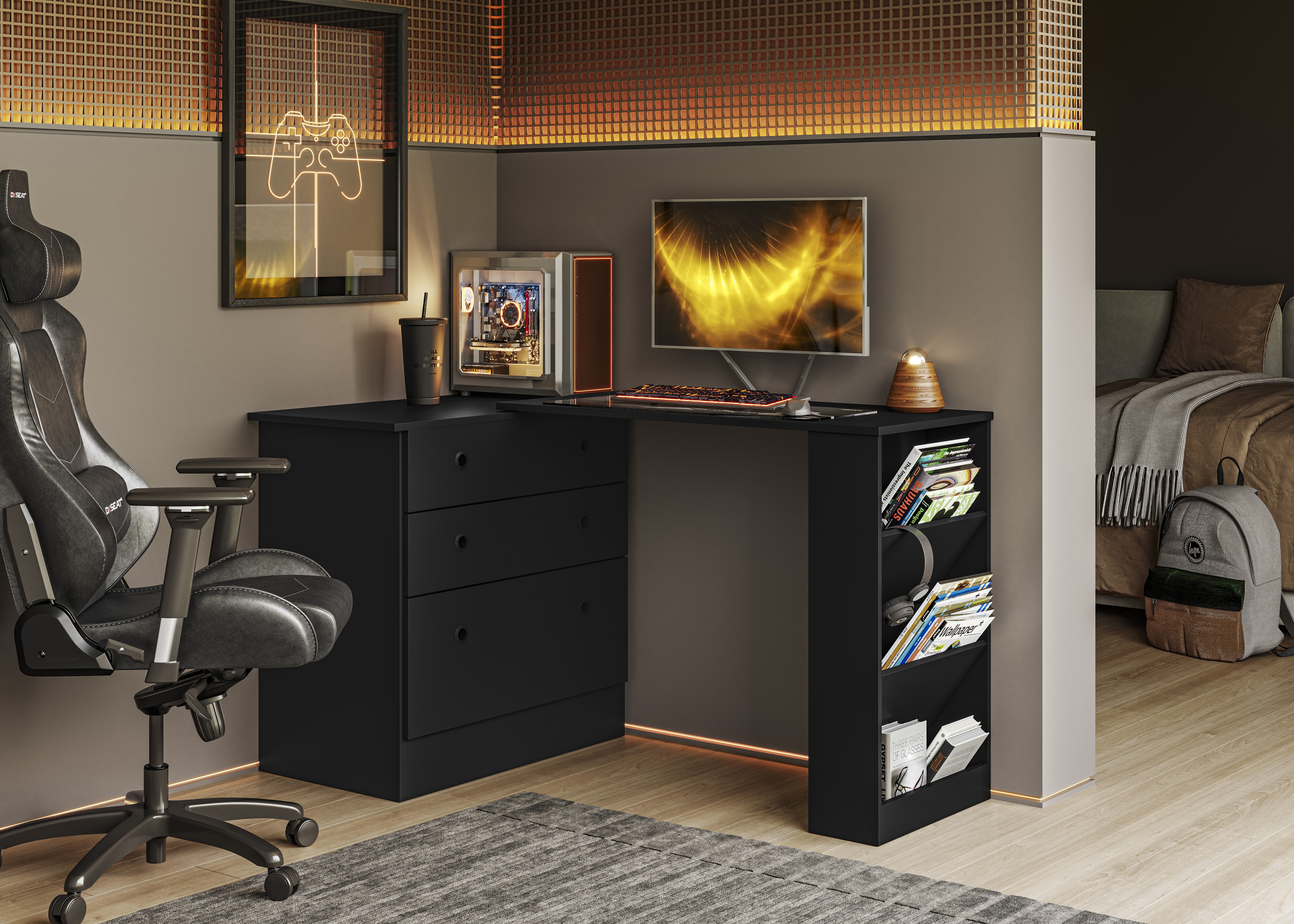 Cômoda com Mesa Giratória Gamer - Preto Fosco - Ambiente