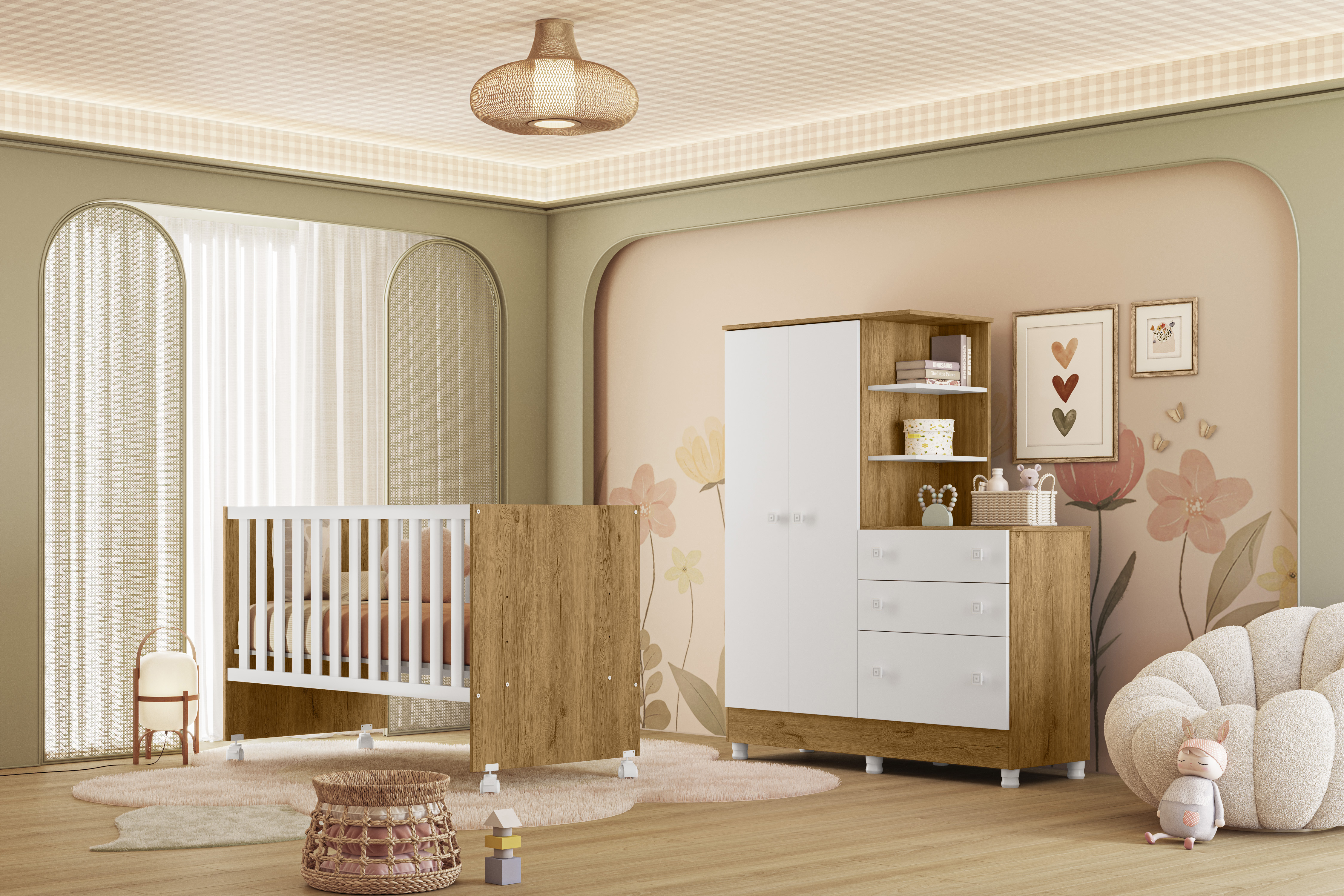 Qmovi - Guarda Roupa com Cômoda Doce Sonho - Freijó e Branco - Módulo Conjugado - Ambiente