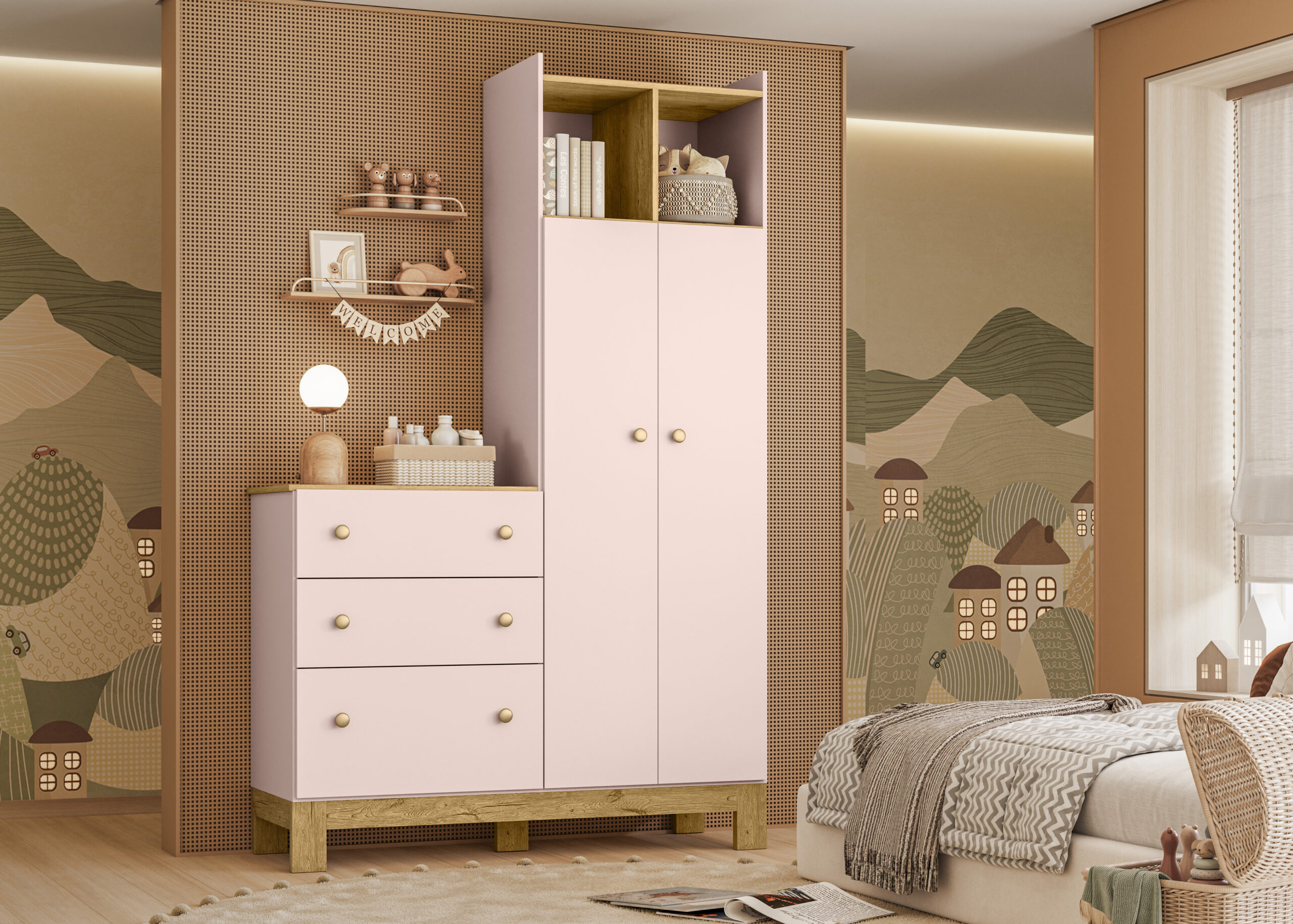 Qmovi 4970 - Linha Flora - GR com Comoda - Rosa - Ambiente Reap